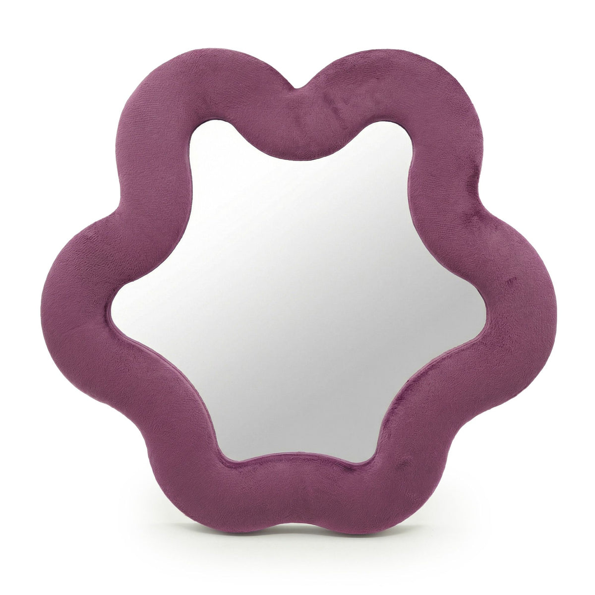 Soft squiggly star mirror in muted mauve velvet frame with gentle wavy edges