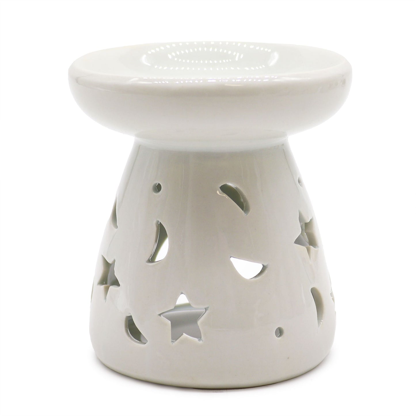 White ceramic oil burner with star and moon cutouts
