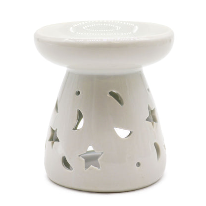 White ceramic oil burner with star and moon cutouts