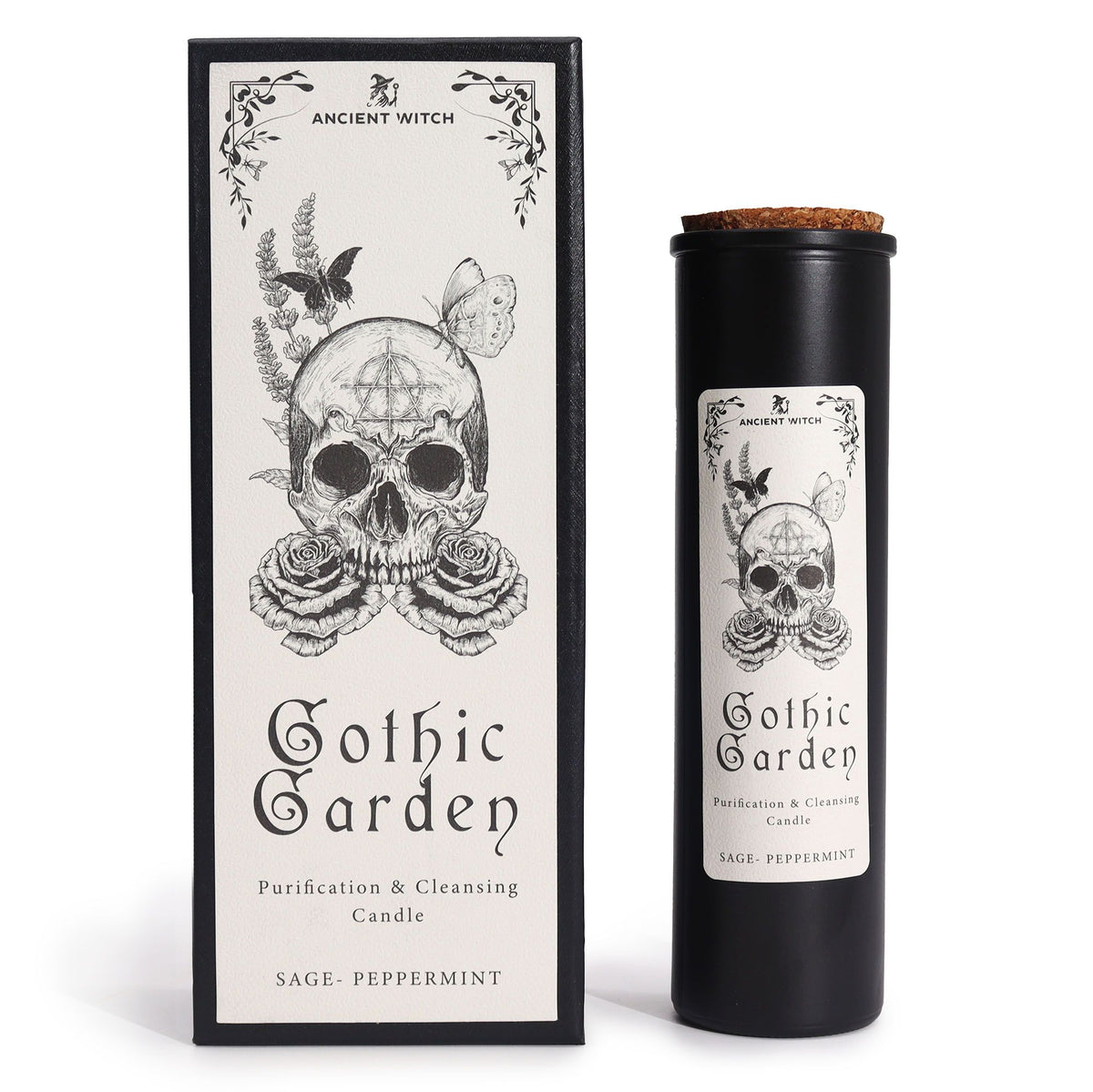 Black glass Gothic Garden candle burning with green flame, skull & roses label, surrounded by fresh sage nand peppermint leaves