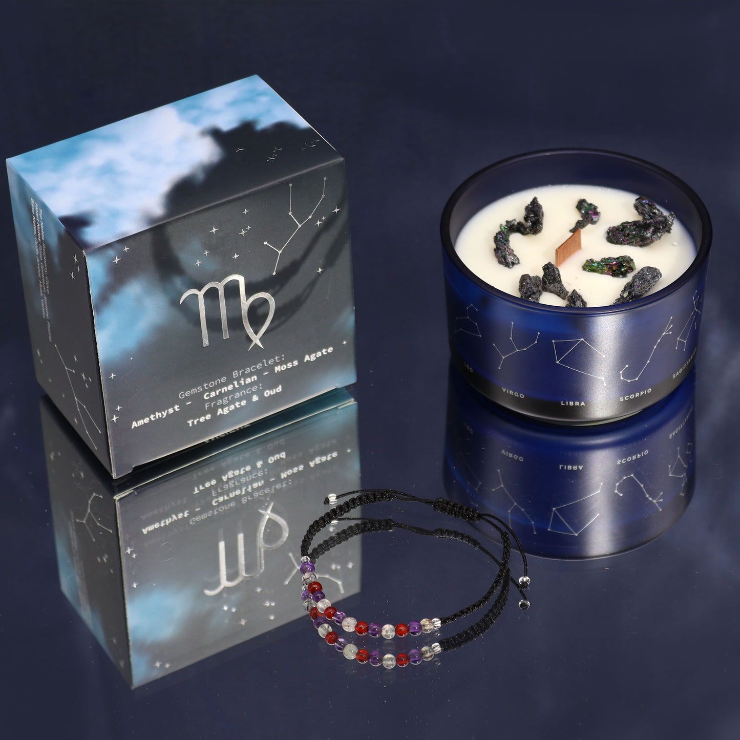 Earth-tone Virgo zodiac candle burning softly beside matching gemstone bracelet with amethyst, carnelian & moss agate beads, styled Virgo constellation card