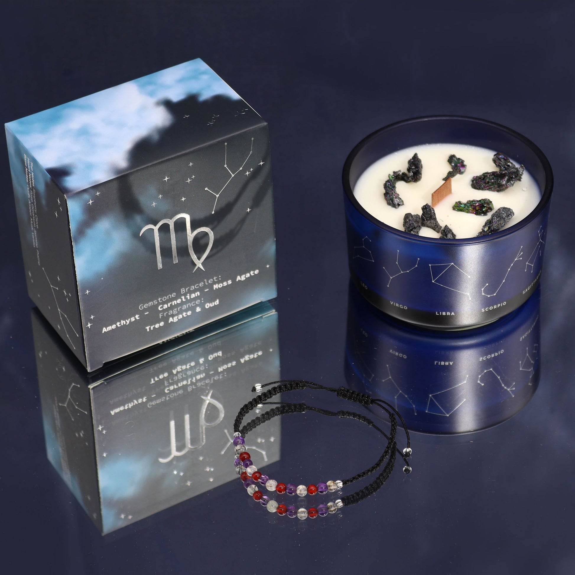 Earth-tone Virgo zodiac candle burning softly beside matching gemstone bracelet with amethyst, carnelian & moss agate beads, styled Virgo constellation card