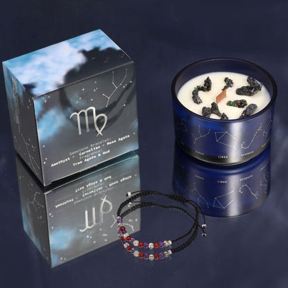 Earth-tone Virgo zodiac candle burning softly beside matching gemstone bracelet with amethyst, carnelian & moss agate beads, styled Virgo constellation card