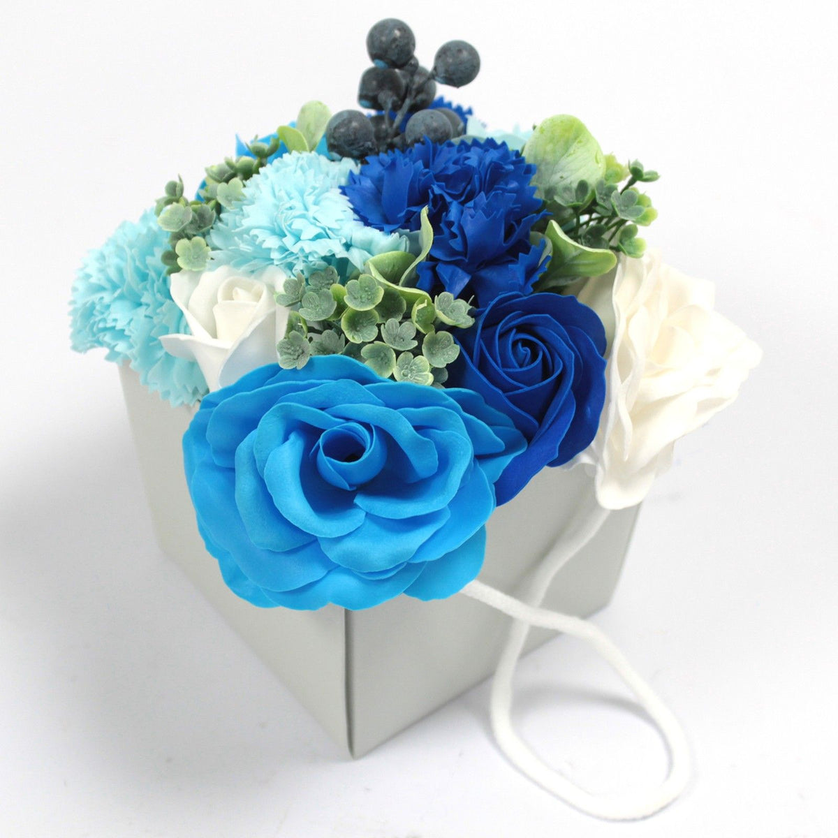 Blue Wedding soap flower bouquet with lifelike pale blue roses, hydrangeas and delicate blooms artistically arranged in elegant gift packaging with satin ribbon, presented as luxury bath gift