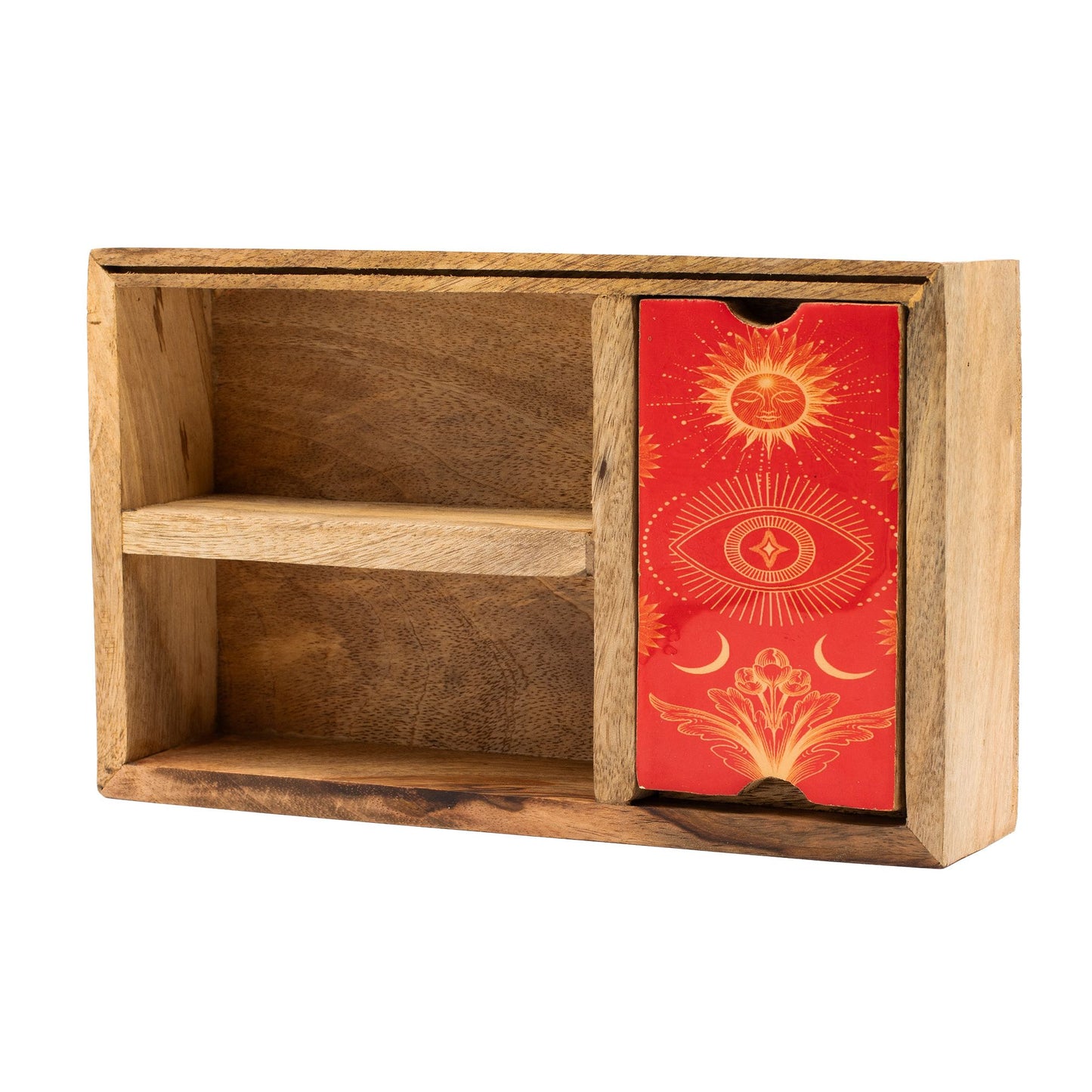 Three Section Tarot Box with Card Holder made from mango wood, open to show divided compartments and upright card display