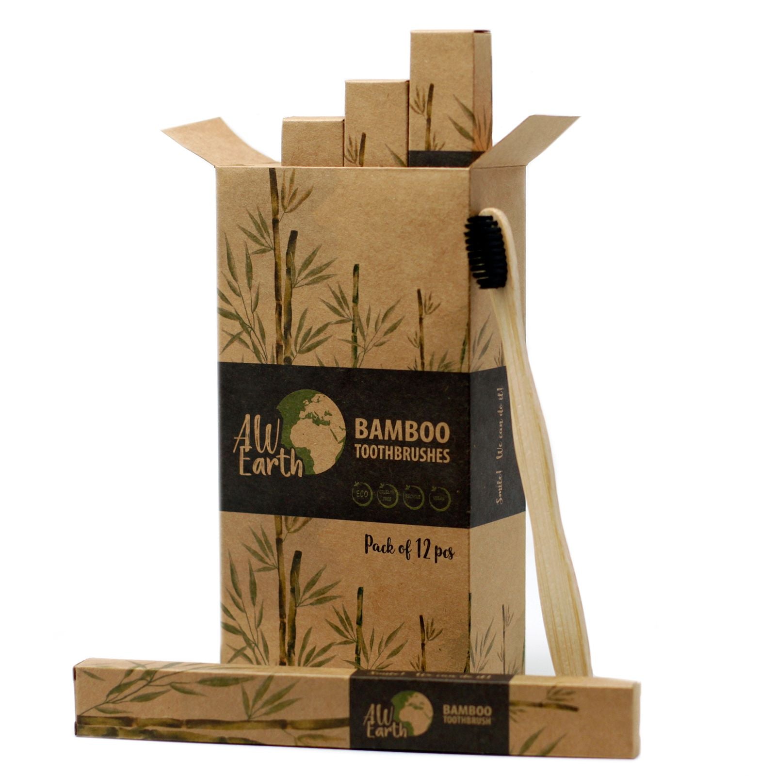 Box of bamboo toothbrushes with a visible brand label on a white background