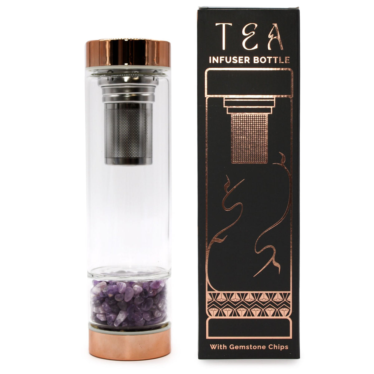 Rose gold amethyst crystal tea infuser bottle with removable bottom chamber full of purple amethyst chips, neoprene sleeve, loose leaf tea and steaming brew