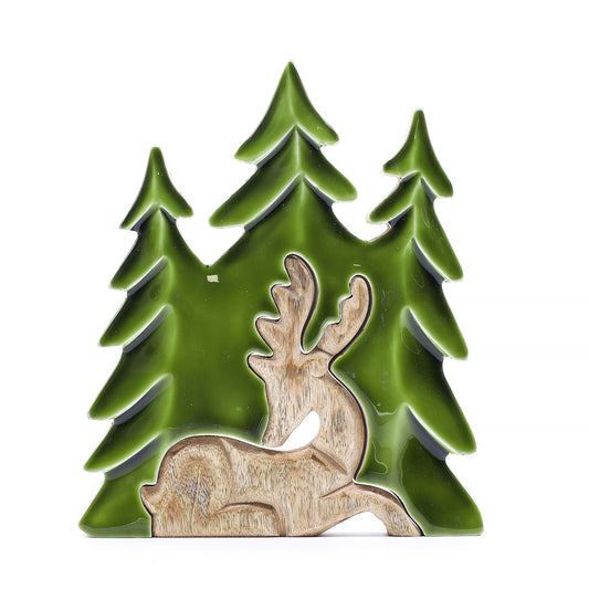 23×20cm mango wood resting stag decoration with majestic antlers and glowing green enamel trees, styled on winter console with pine