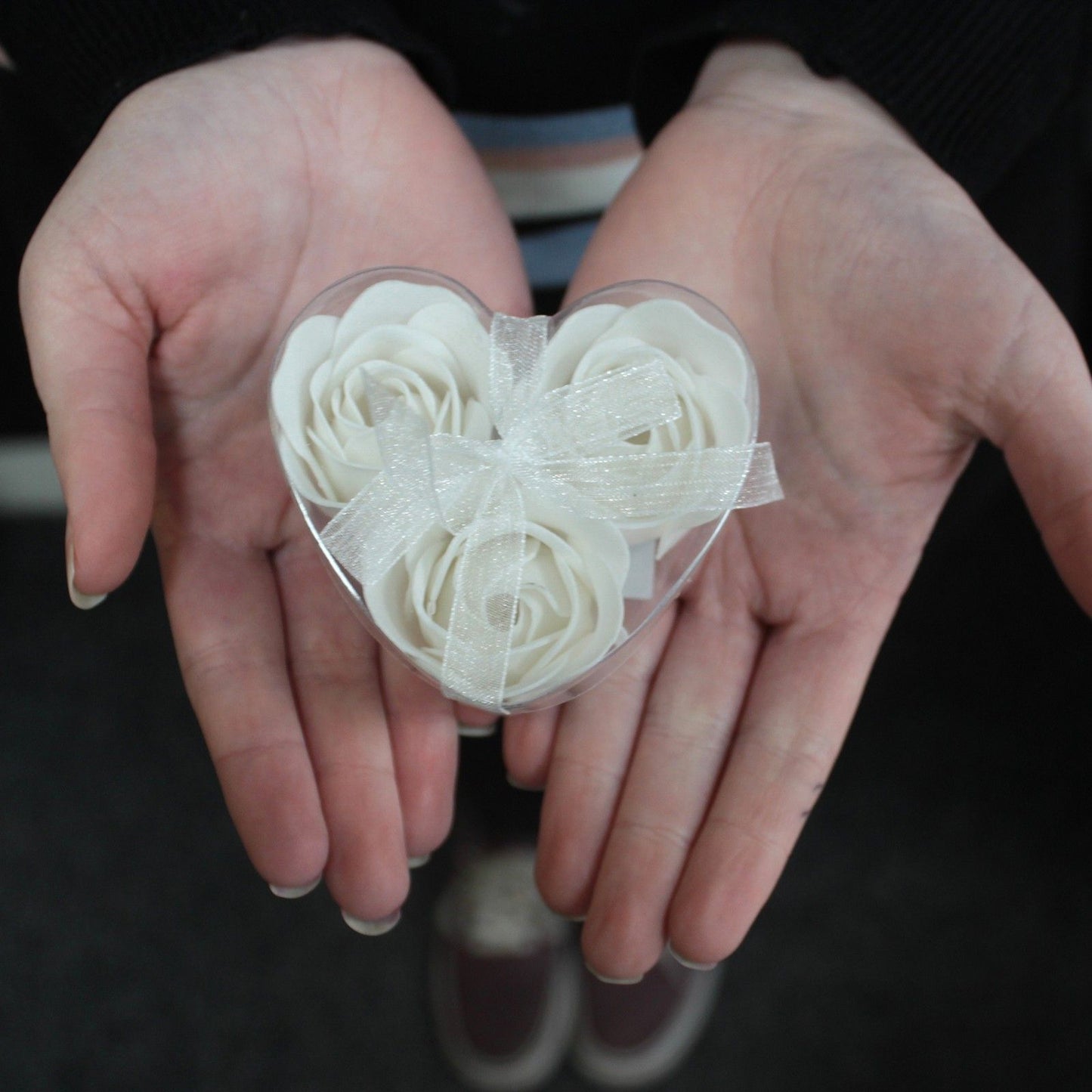 Set of 3 luxury soap flowers in elegant heart-shaped gift box, featuring realistic rose petals in soft pastel tones, beautifully arranged and ready for gifting or bath use