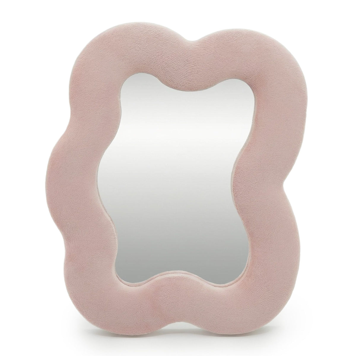 Soft squiggly square pebble mirror in warm rose blush velvet frame with gentle curved edges