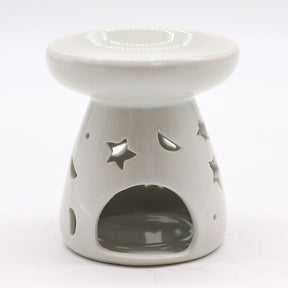 Large white ceramic oil burner with star and moon designs