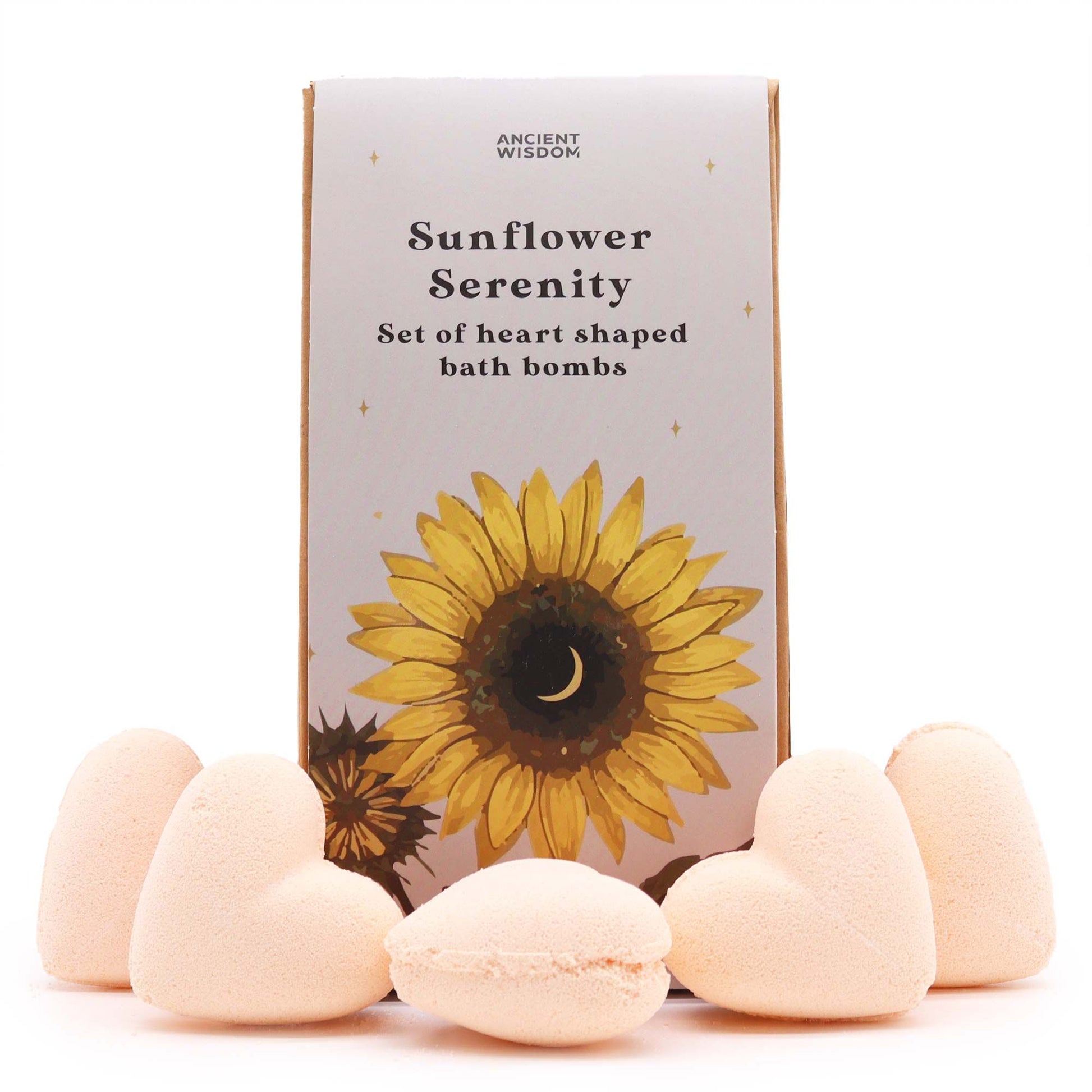 Sunflower Serenity Bath Heart Gift Set in elegant box with 5 golden heart-shaped bath bombs