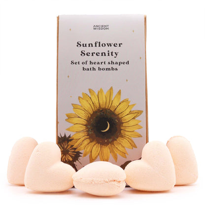 Sunflower Serenity Bath Heart Gift Set in elegant box with 5 golden heart-shaped bath bombs