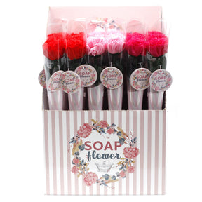 Packaged soap flowers with a decorative box labeled 'Soap Flower'.