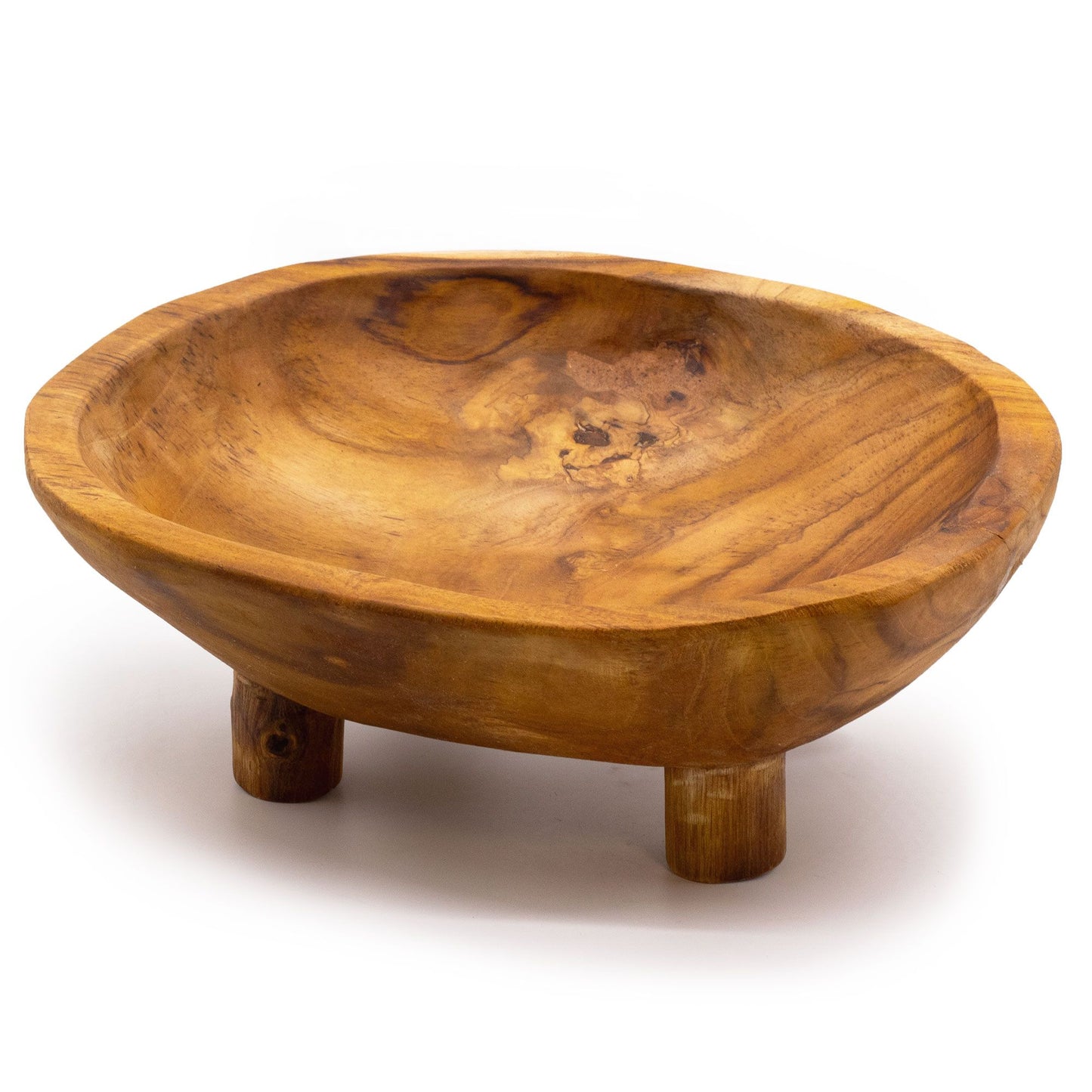 Smooth teakwood fruit bowl on legs with rich natural grain