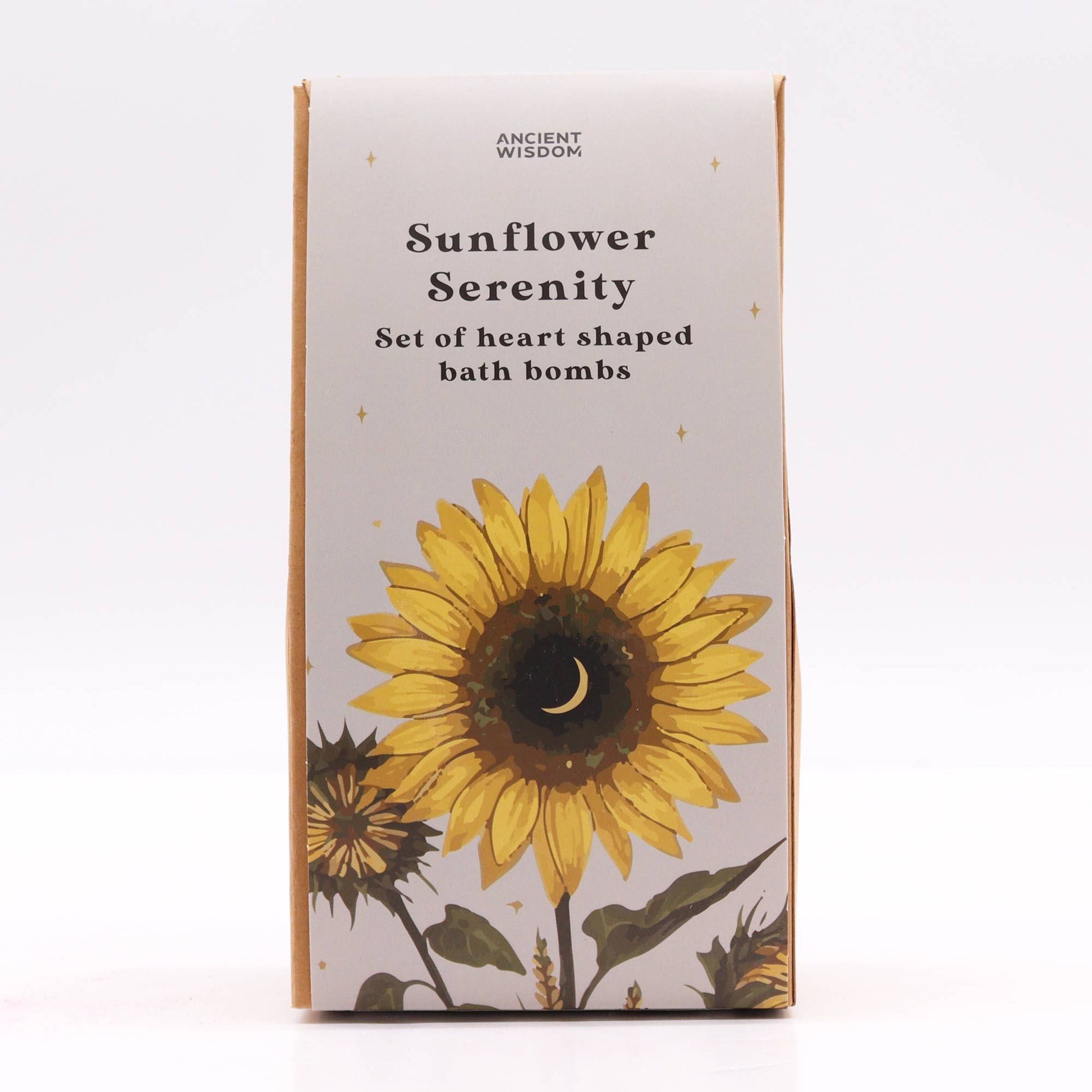 Sunflower Serenity Bath Heart Gift Set in elegant box with 5 golden heart-shaped bath bombs
