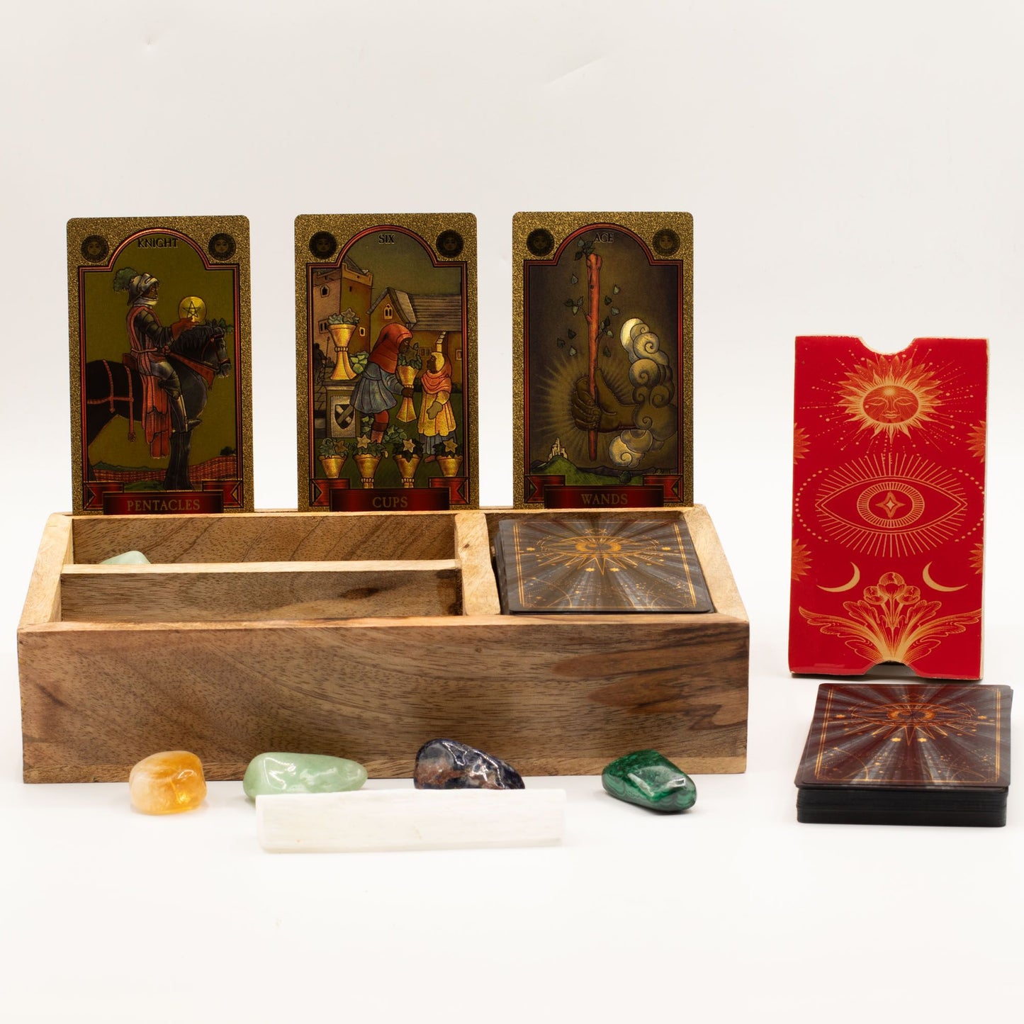 Three Section Tarot Box with Card Holder made from mango wood, open to show divided compartments and upright card display