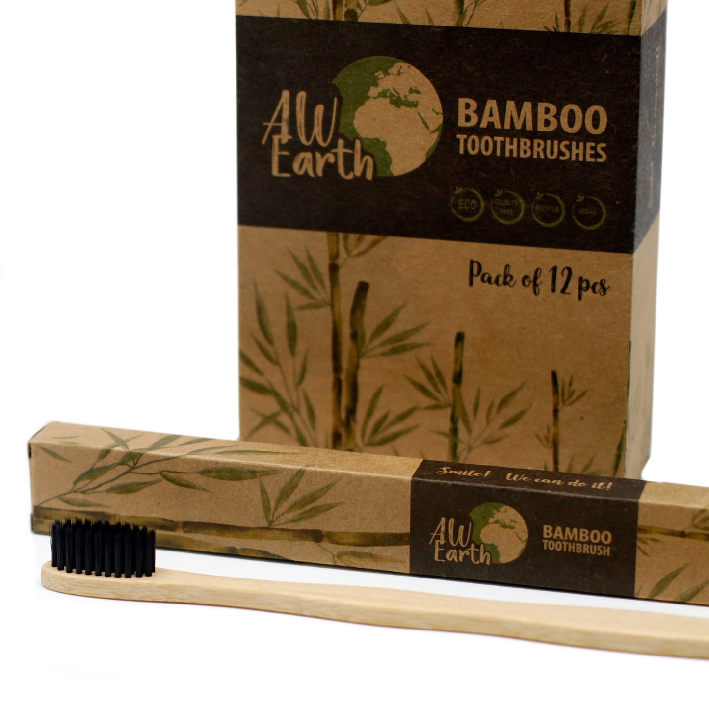 Bamboo toothbrush with packaging featuring 'AW for Earth' branding on a white background