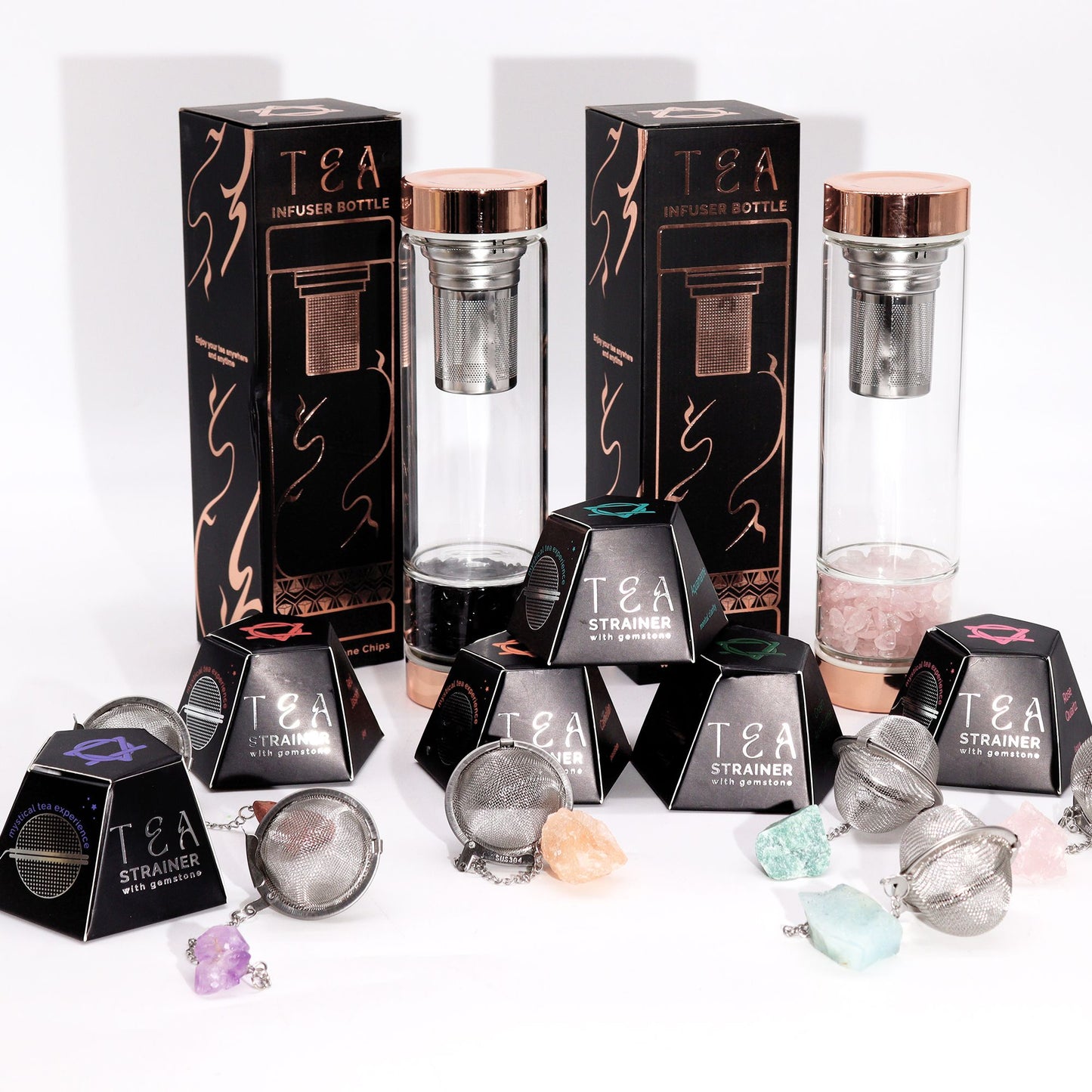 Tea infuser bottles and strainers with packaging on a white background