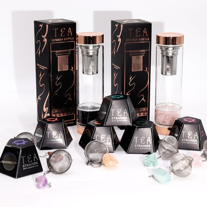 Tea infuser bottles and strainers with packaging on a white background