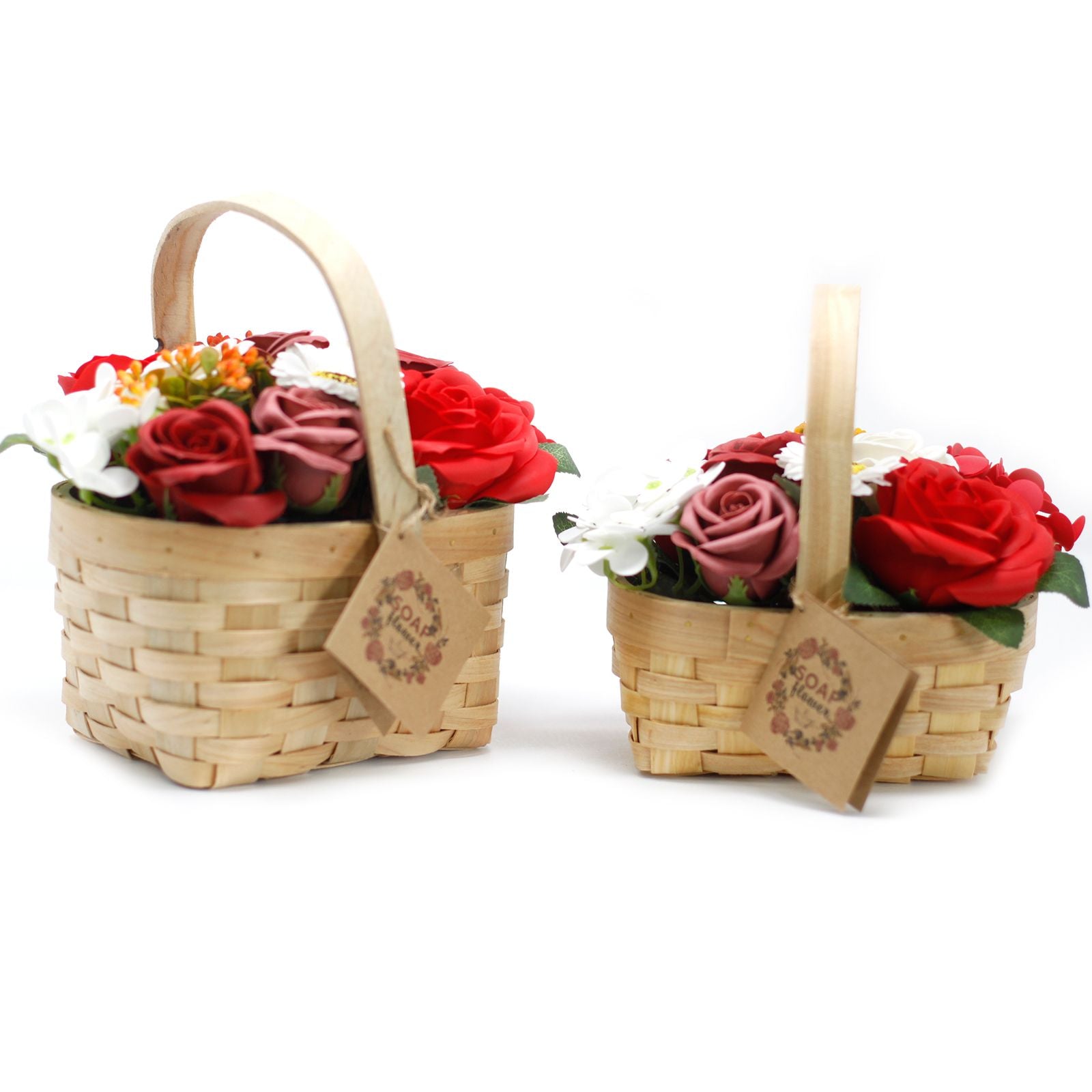 Two wicker baskets with soap flowers on a white background