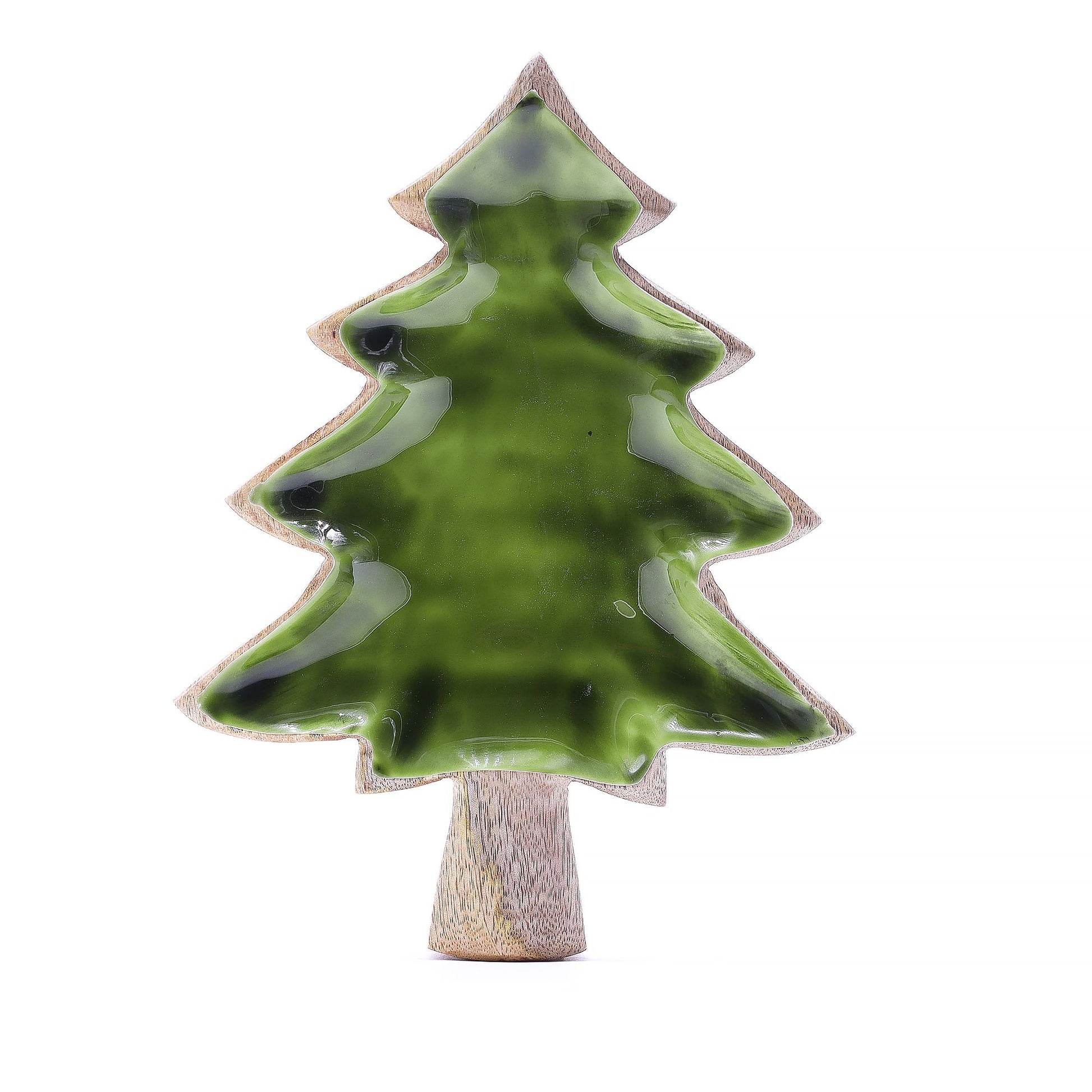 Tree-shaped mango wood bowl with rich green enamel interior