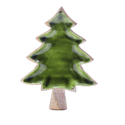 Tree-shaped mango wood bowl with rich green enamel interior