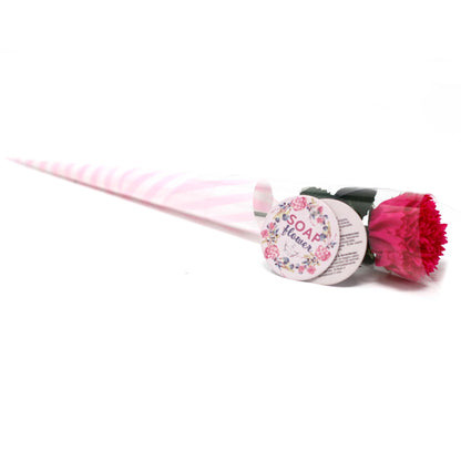 Ready to Retail Carnation Soap Flower in elegant individual gift wrap, realistic pink carnation with delicate petals