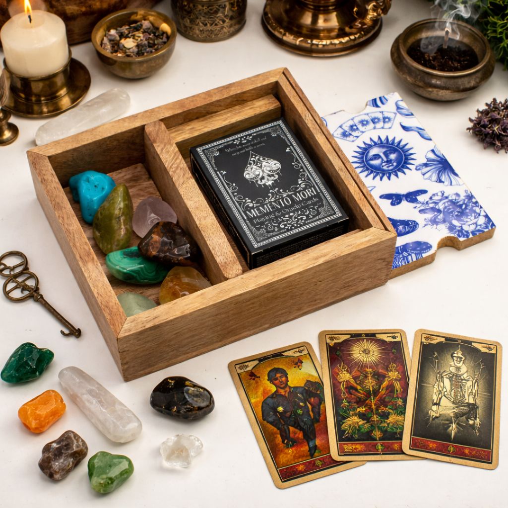 Two Section Tarot Box with Card Holder featuring ceramic triple moon symbol on lid, open to show storage compartments and upright card display slot with tarot cards, crystals, and candles on a white surface