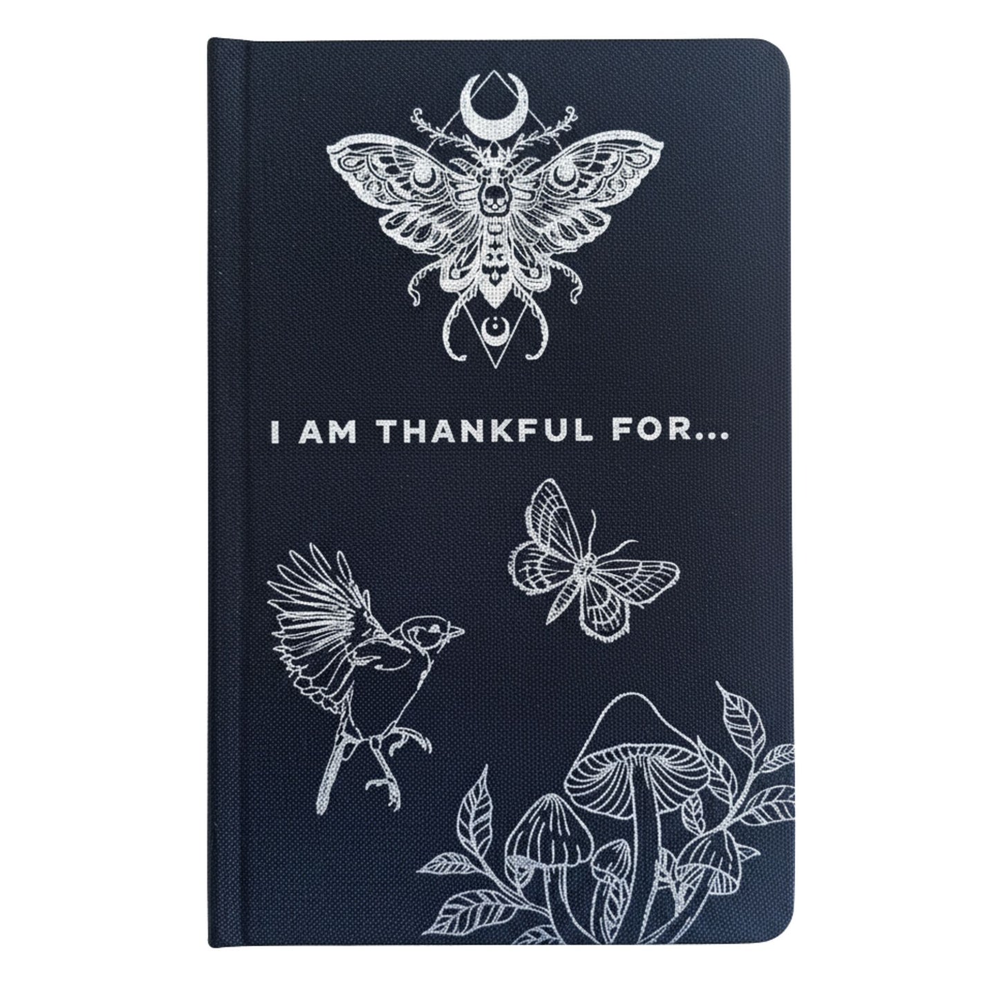 Black hardback gratitude journal with shimmering silver moon, stars & botanicals