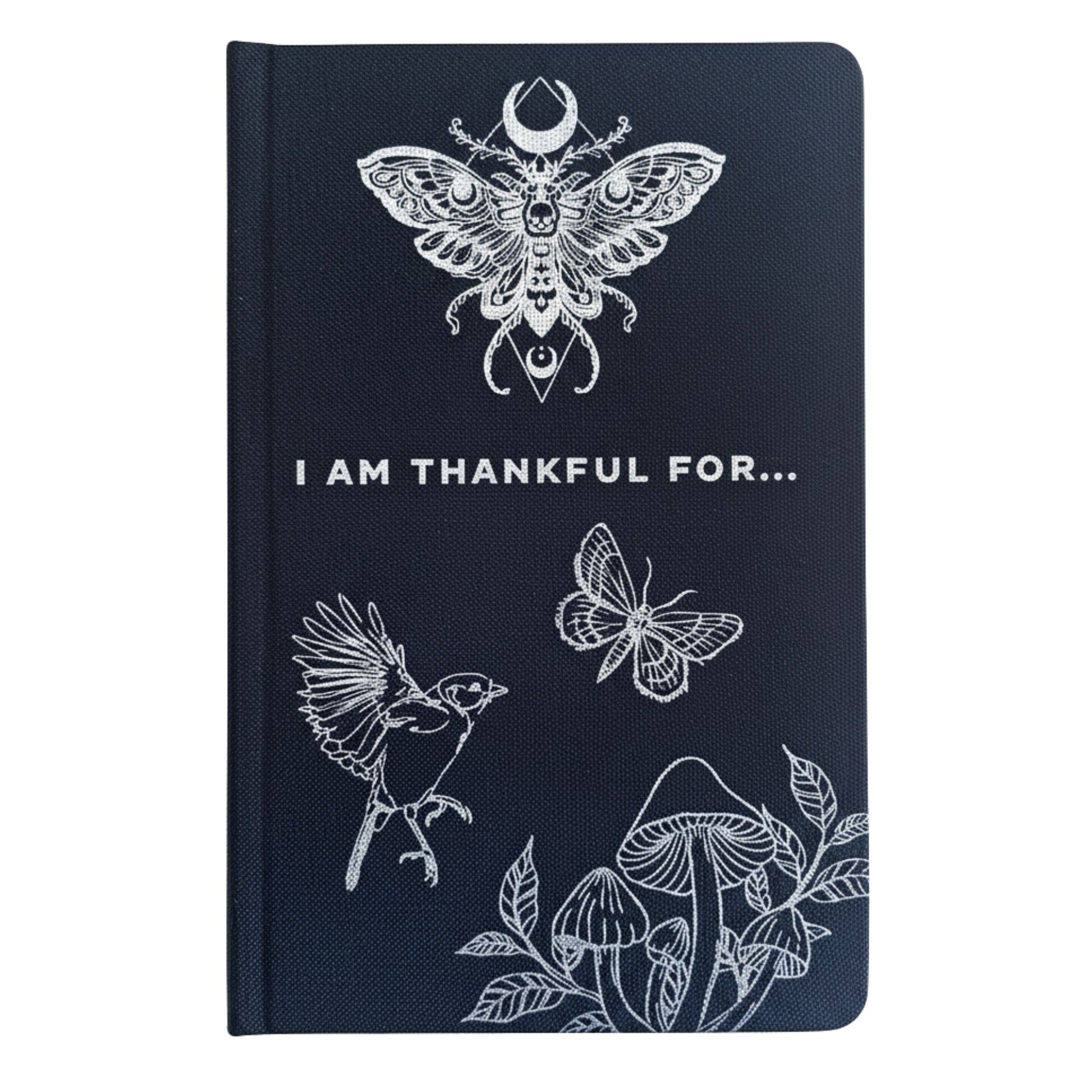 Black hardback gratitude journal with shimmering silver moon, stars & botanicals