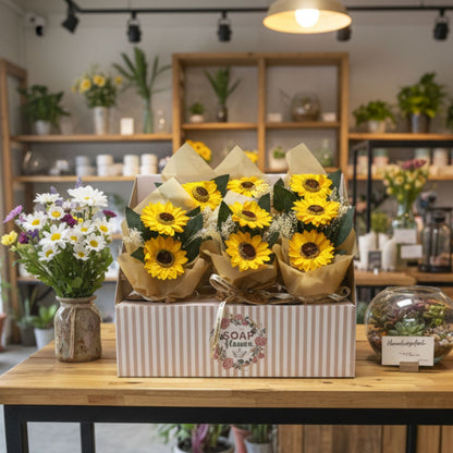Soap flower bouquets of sunflowers and daisies in paper wrapping on a wooden table with a store interior in the background.