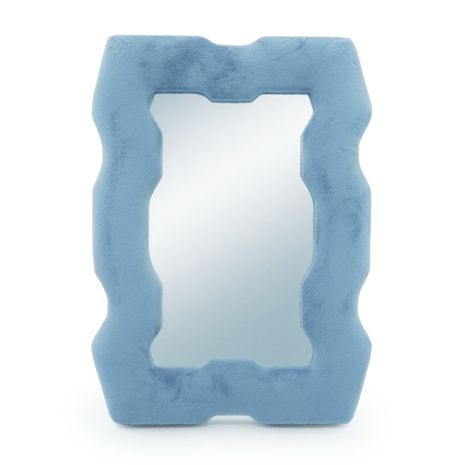 Soft squiggly mirror in rich royal blue velvet chunky frame with wavy sculpted edges