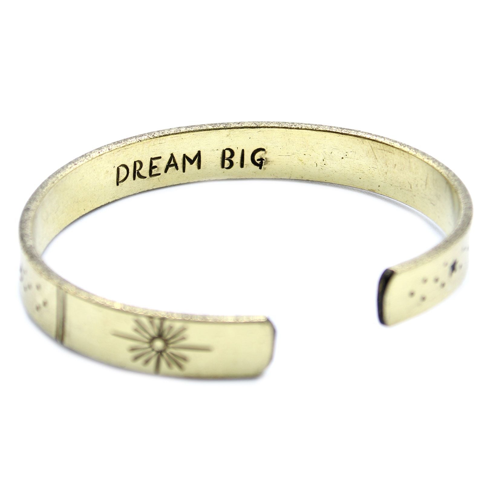 Hand-hammered brass galaxy cuff from Nepal with secret inner mantra (Dream Big, Reach For The Stars & more). Stars & Earth design outside. Fair-trade, adjustable, gift-ready with story card