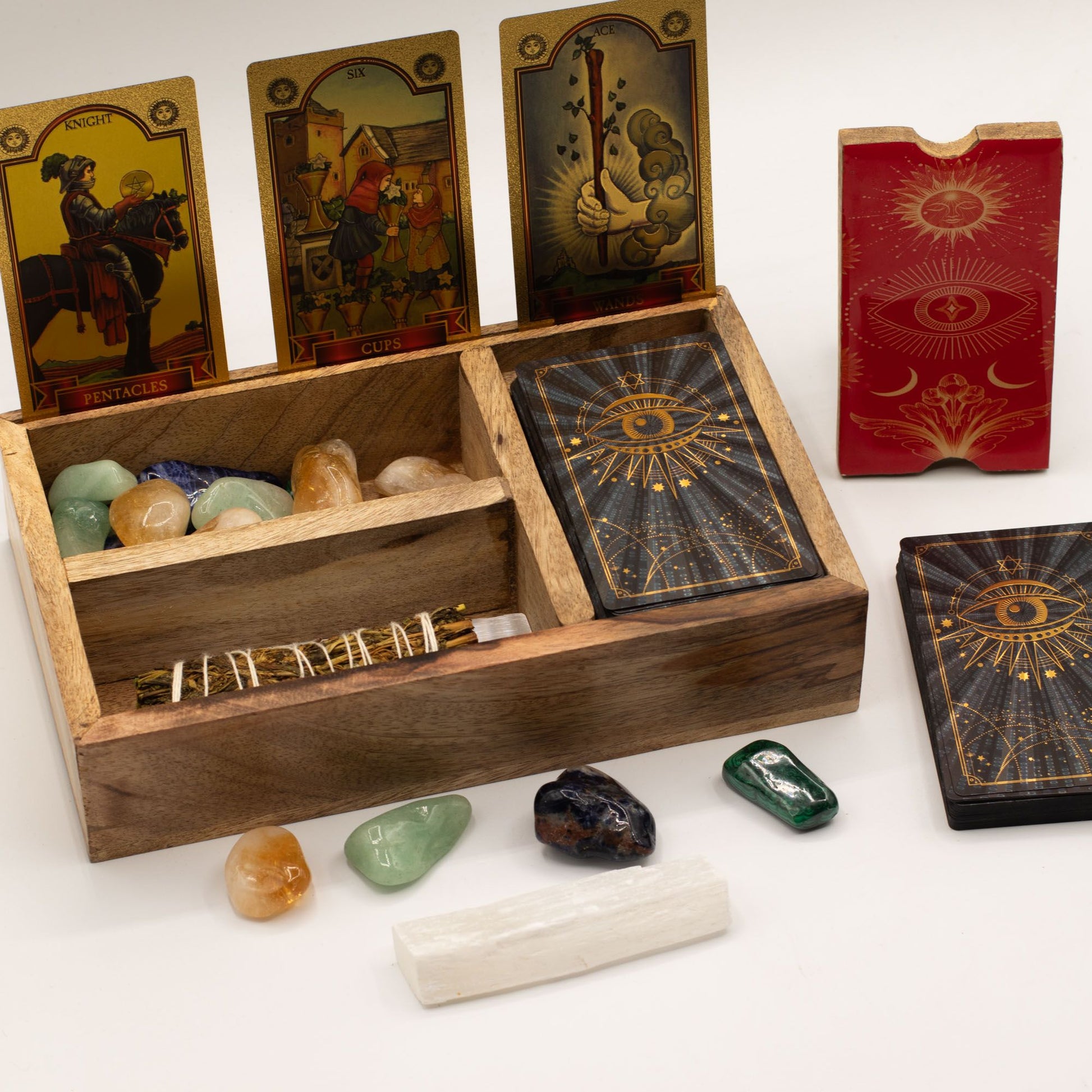 Three Section Tarot Box with Card Holder made from mango wood, open to show divided compartments and upright card display, styled with crystals, and smudge stick