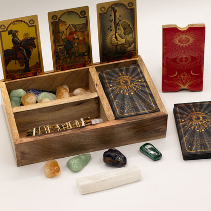 Three Section Tarot Box with Card Holder made from mango wood, open to show divided compartments and upright card display, styled with crystals, and smudge stick