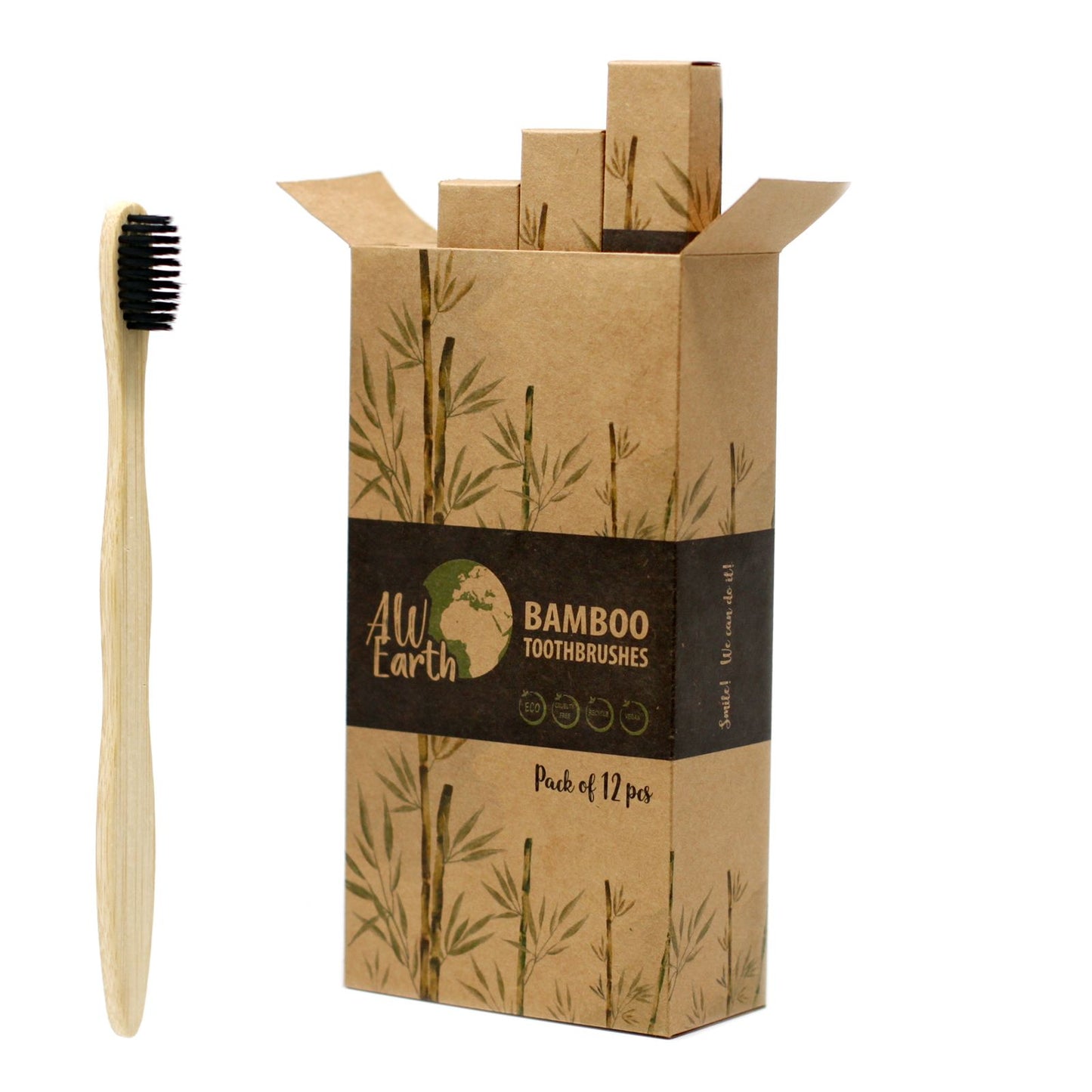 Bamboo toothbrush next to a cardboard box with 'AW Earth' branding on a white background