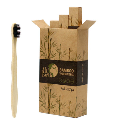 Bamboo toothbrush next to a cardboard box with 'AW Earth' branding on a white background