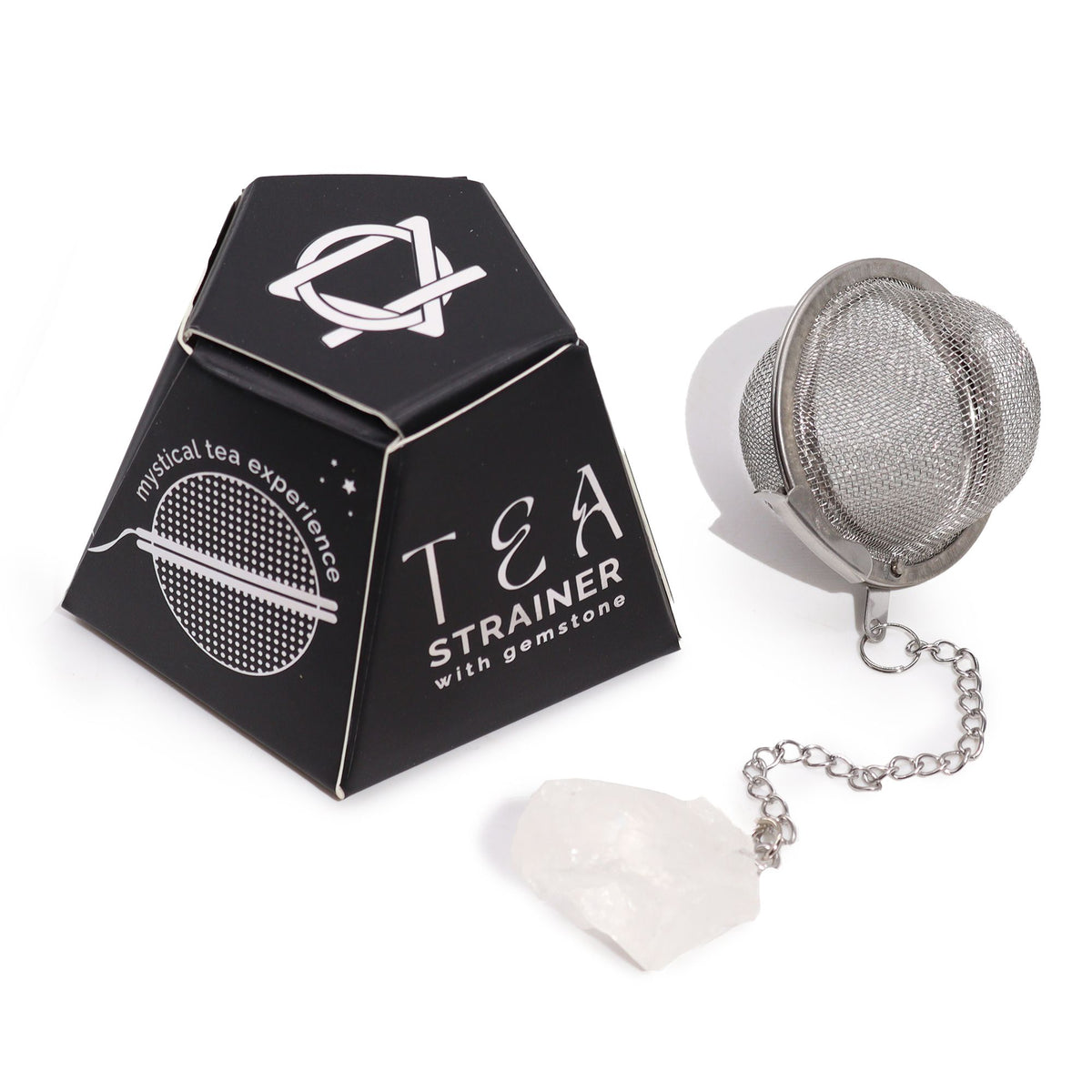 Tea strainer with gemstone and packaging on a white background