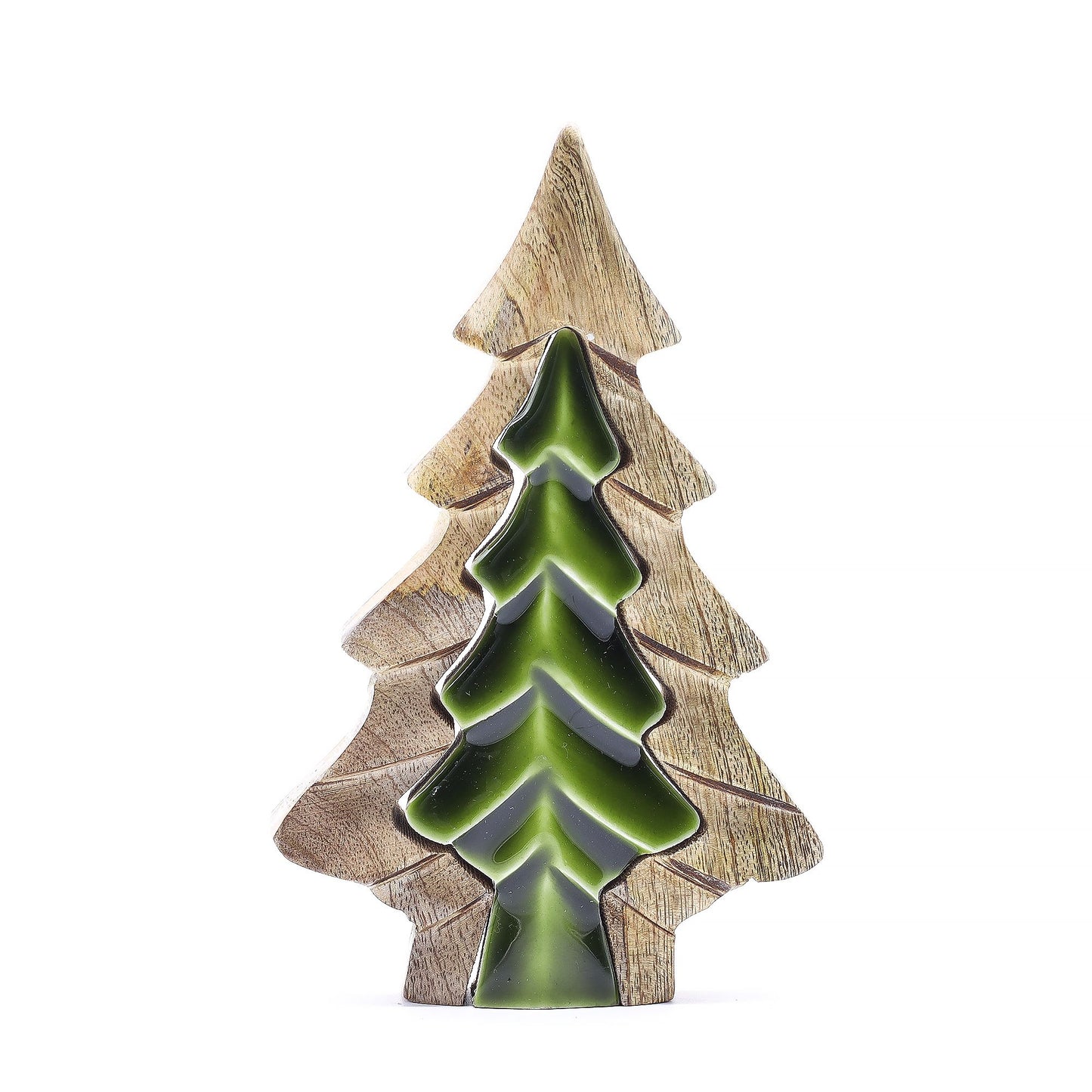 15×10cm mango wood tree-in-tree decoration with glowing green enamel centre, styled on shelf