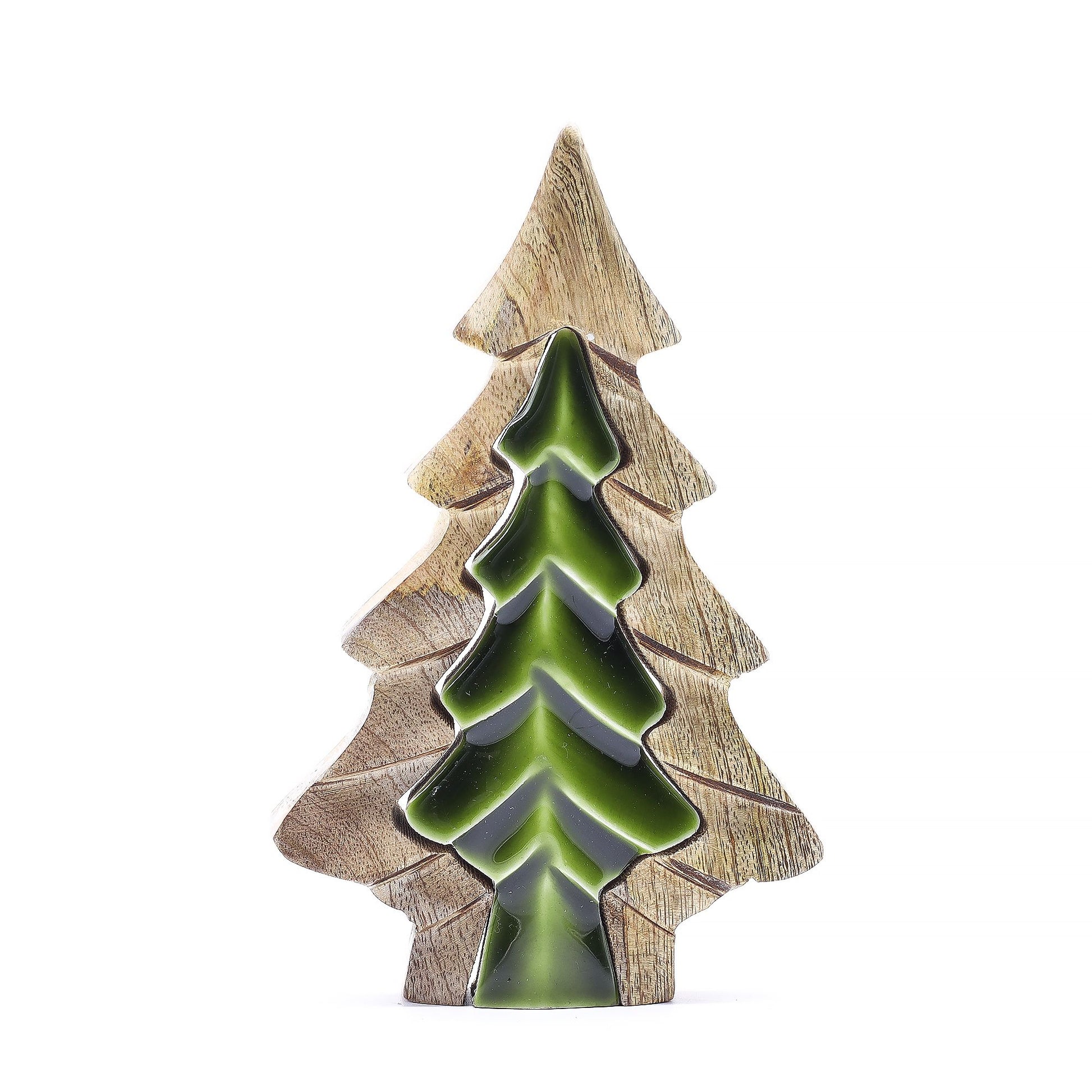 15×10cm mango wood tree-in-tree decoration with glowing green enamel centre, styled on shelf
