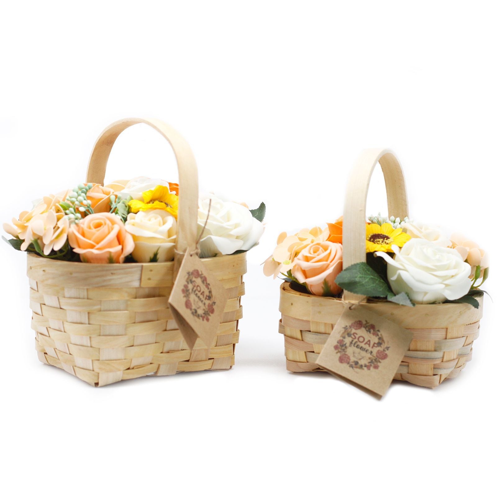 Two wicker baskets with soap floral arrangements on a white background