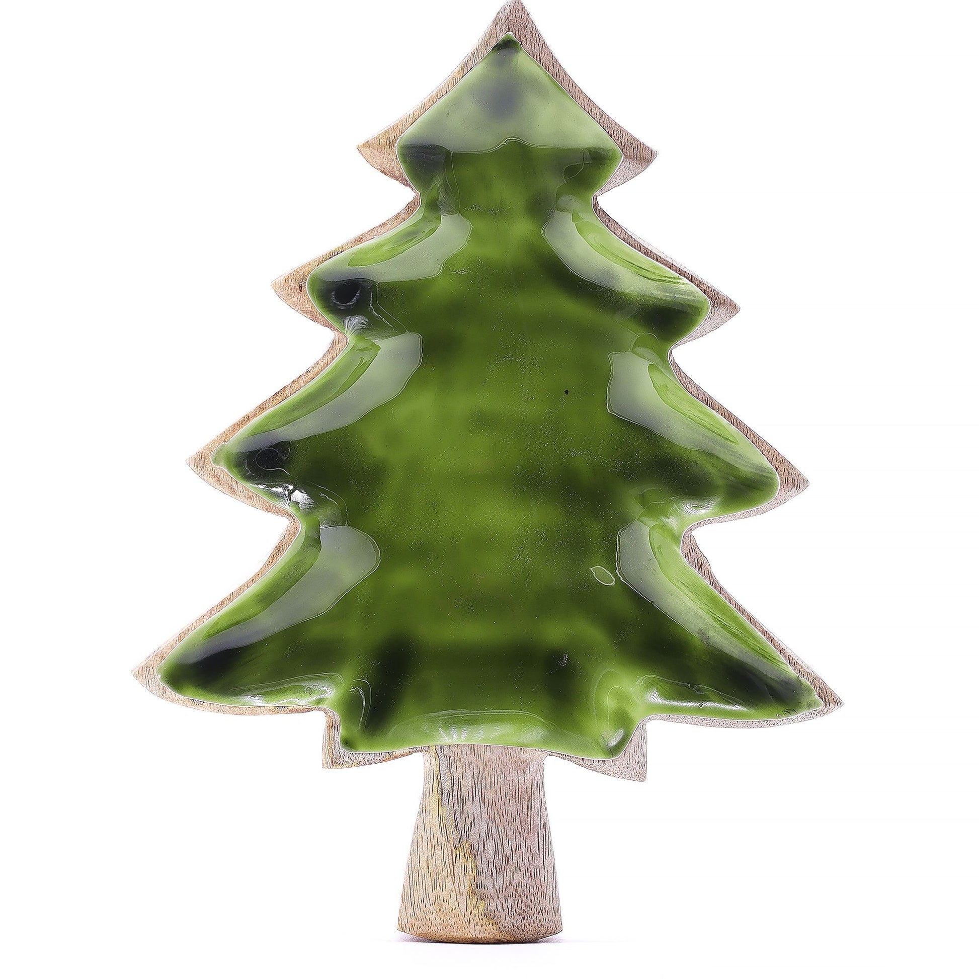 Green ceramic Christmas tree ornament on a white background