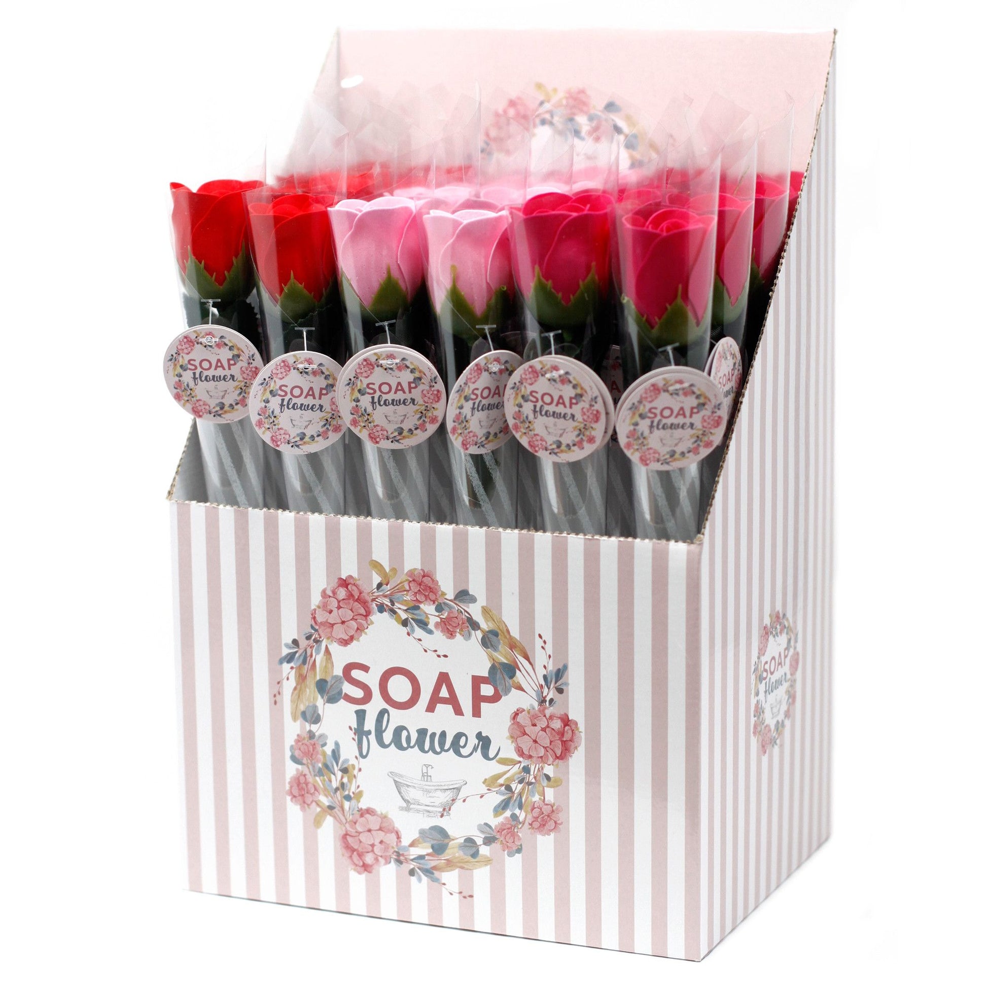 Box of soap flowers with floral design and 'SOAP FLOWER'
