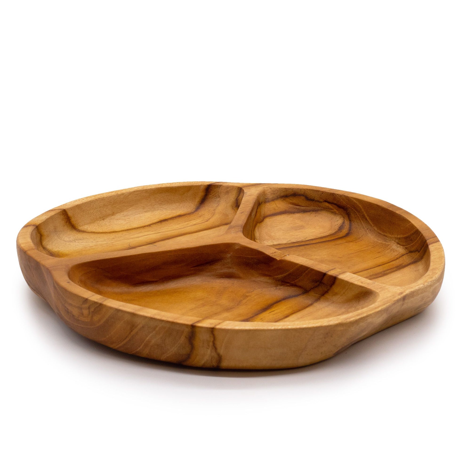 Smooth teakwood fruit bowl with three divided sections, rich natural grain visible
