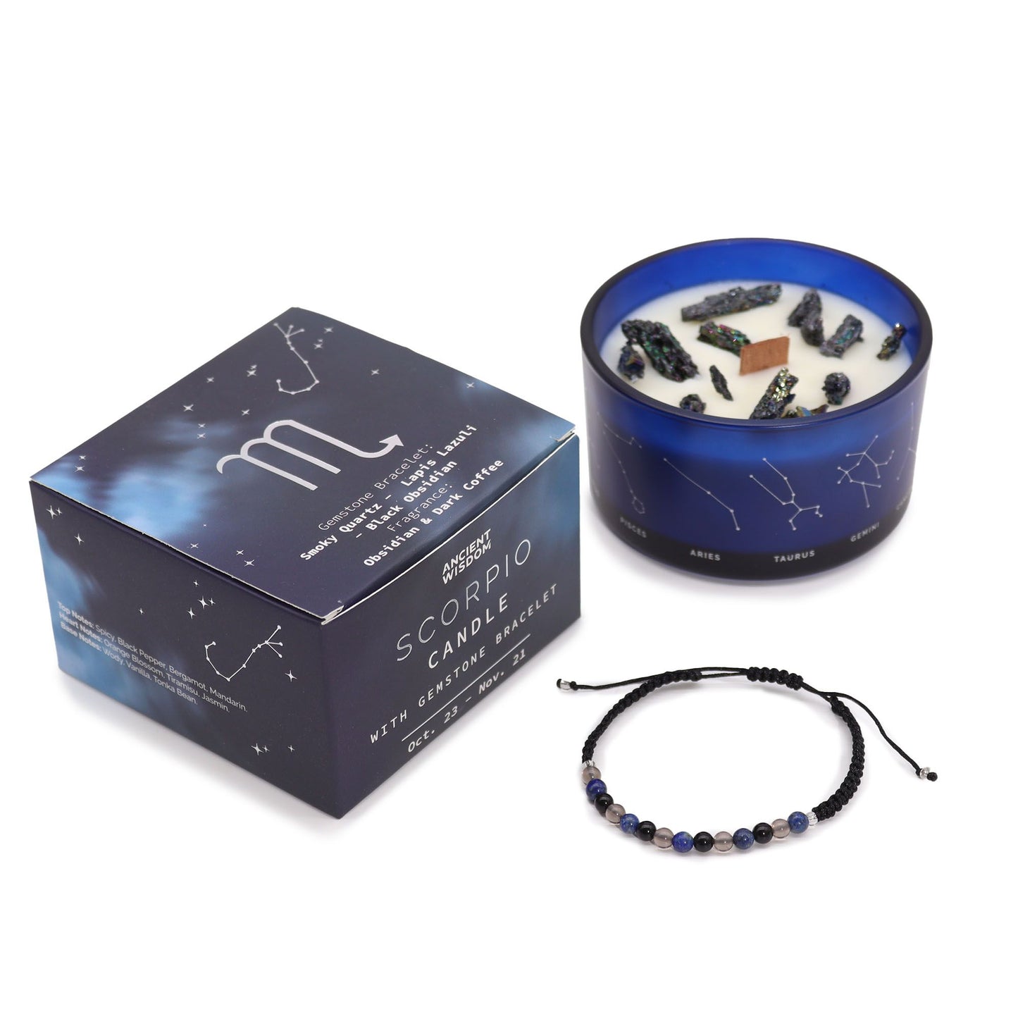 Scorpio candle with packaging and bracelet on a white background