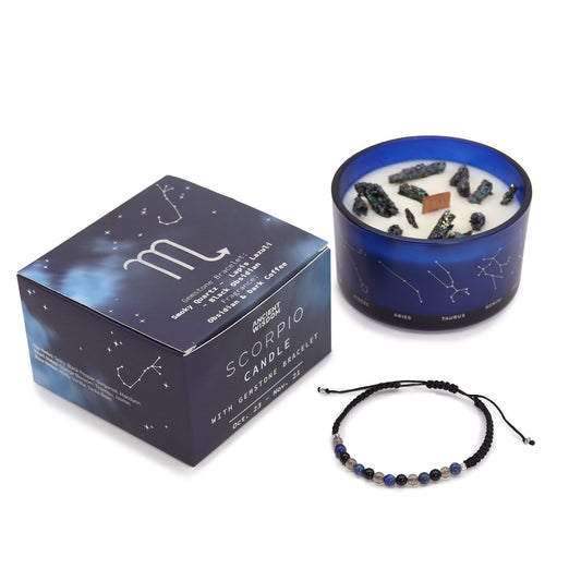 Scorpio candle with packaging and bracelet on a white background