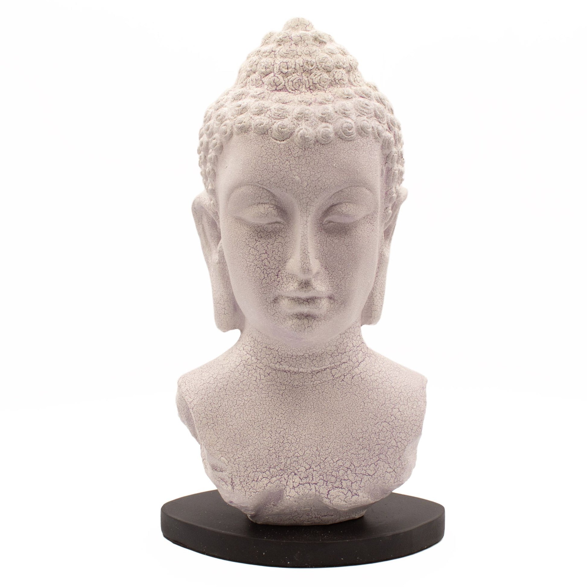 Buddha Bust Lamp with crackle textured surface on modern oval stand