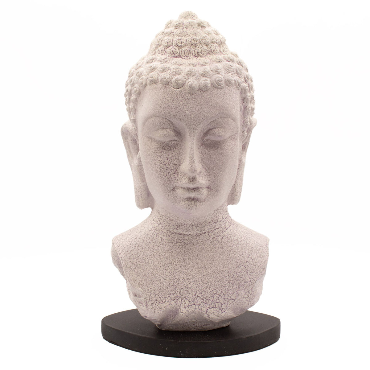 Buddha Bust Lamp with crackle textured surface on modern oval stand