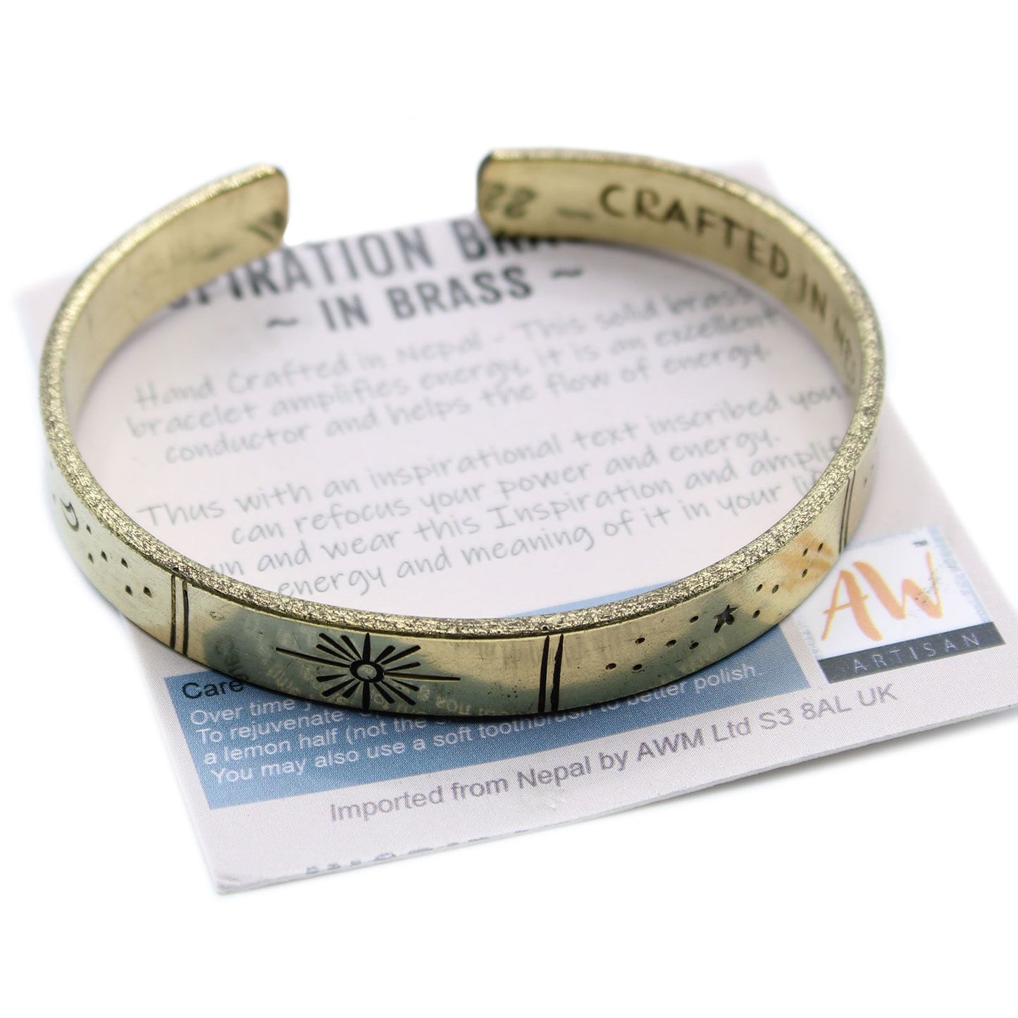 Hand-hammered brass galaxy cuff from Nepal with secret inner mantra (Dream Big, Reach For The Stars & more). Stars & Earth design outside. Fair-trade, adjustable, gift-ready with story card